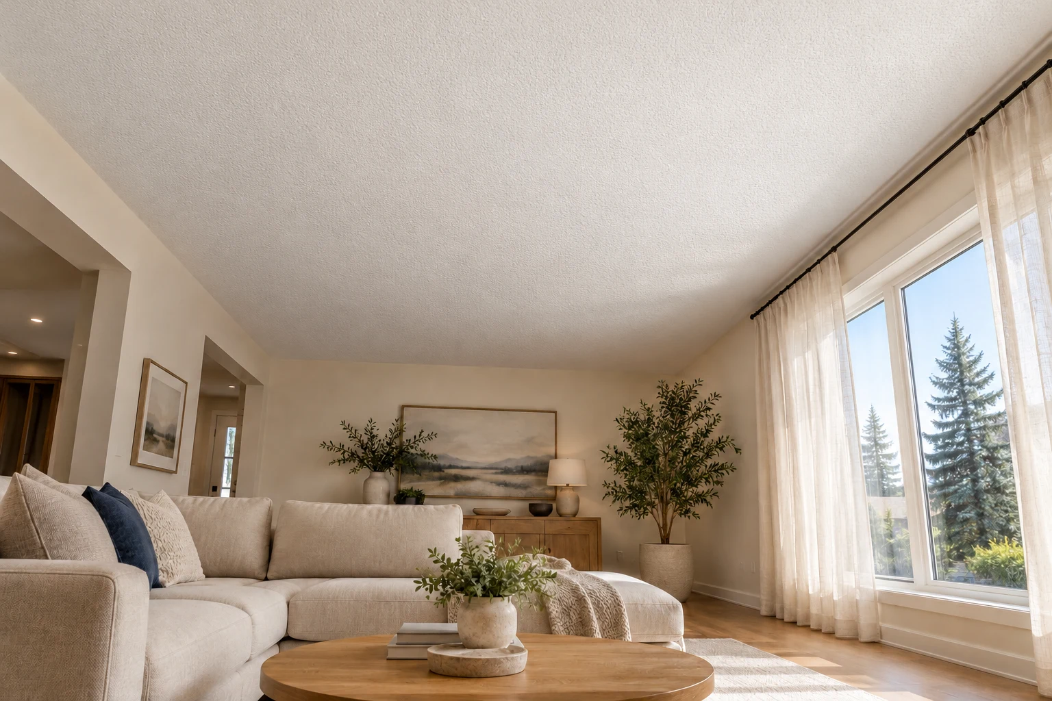 AI-generated room preview with a fine orange-peel ceiling